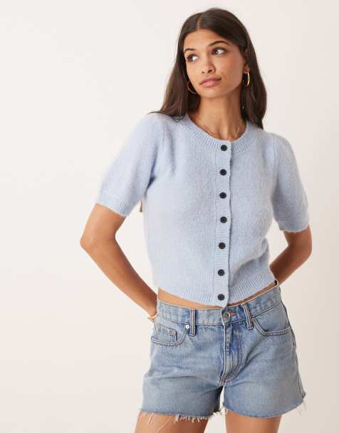 VRG GRL tessa puff sleeve cardigan in powder blue - view 1