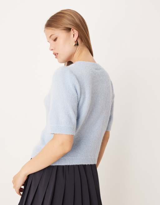 VRG GRL Tessa puff sleeve cardigan in powder blue, 3 of 4
