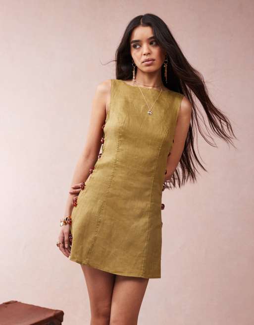 VRG GRL tia linen mini dress with bead detailing in olive 