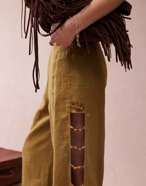 VRG GRL tia linen pants with bead detailing in olive - part of a set