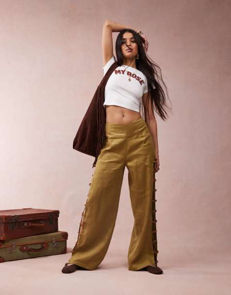 VRG GRL tia linen pants with bead detailing in olive co-ord