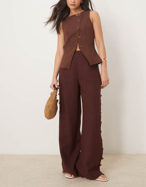 VRG GRL - Tia - Pantaloni in lino bordeaux con perline, 4 di 5