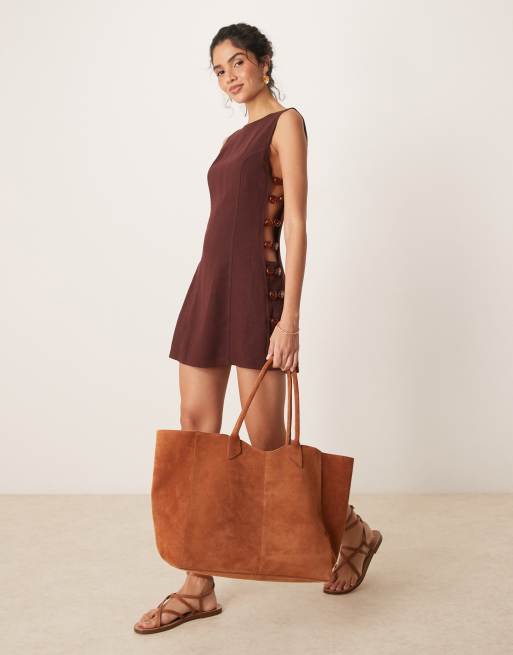 VRG GRL - Tia - Vestito corto in lino bordeaux con dettagli con perline