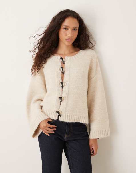VRG GRL toggle front cardigan with fluted sleeves in cream