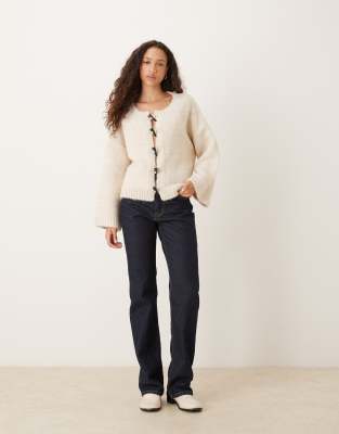 Vrg Grl Toggle Front Cardigan With Fluted Sleeves In White