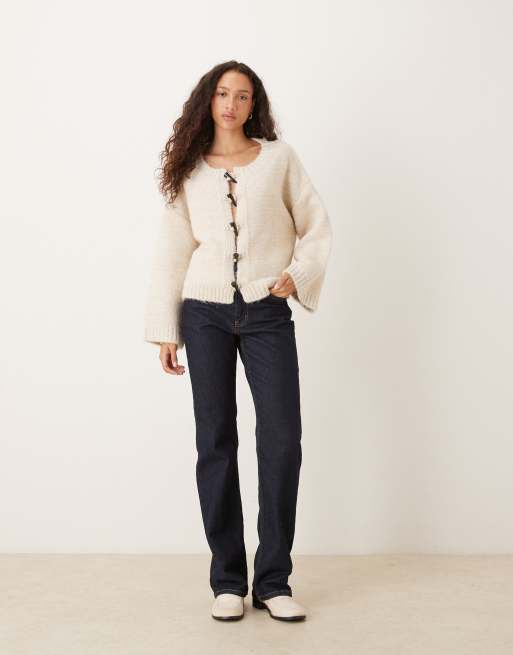 VRG GRL toggle front cardigan with fluted sleeves in cream, 2 of 4