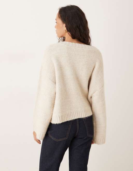 VRG GRL toggle front cardigan with fluted sleeves in cream, 4 of 4