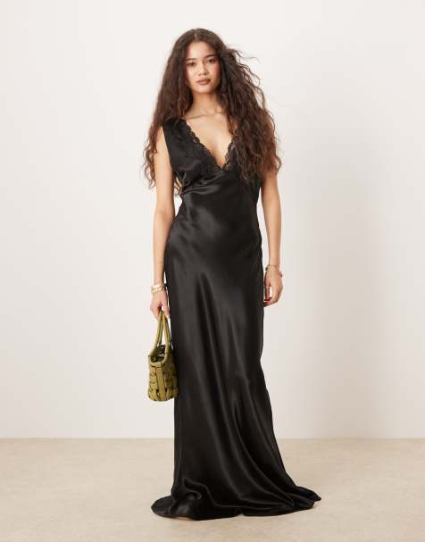 VRG GRL tully lace edge satin maxi dress in black