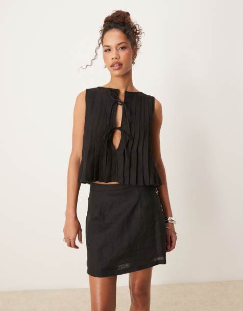 VRG GRL valeria tie front linen top in black - view 1