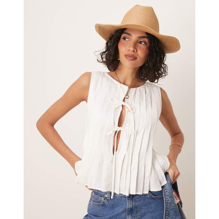 VRG GRL valeria tie front linen top in white ASOS