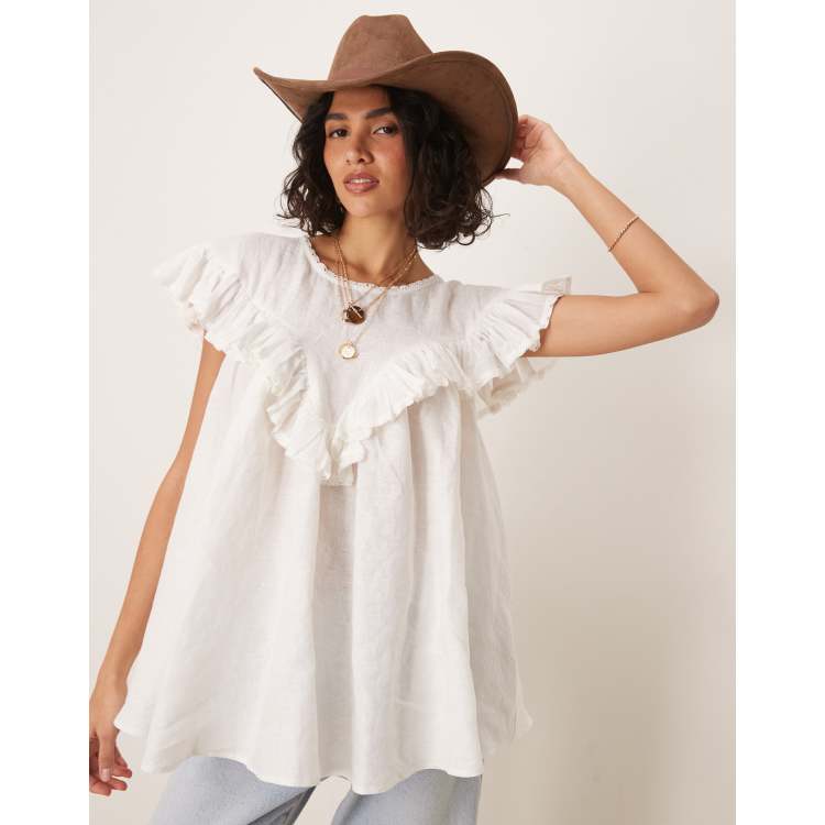 VRG GRL viola linen short sleeve tunic in white | ASOS