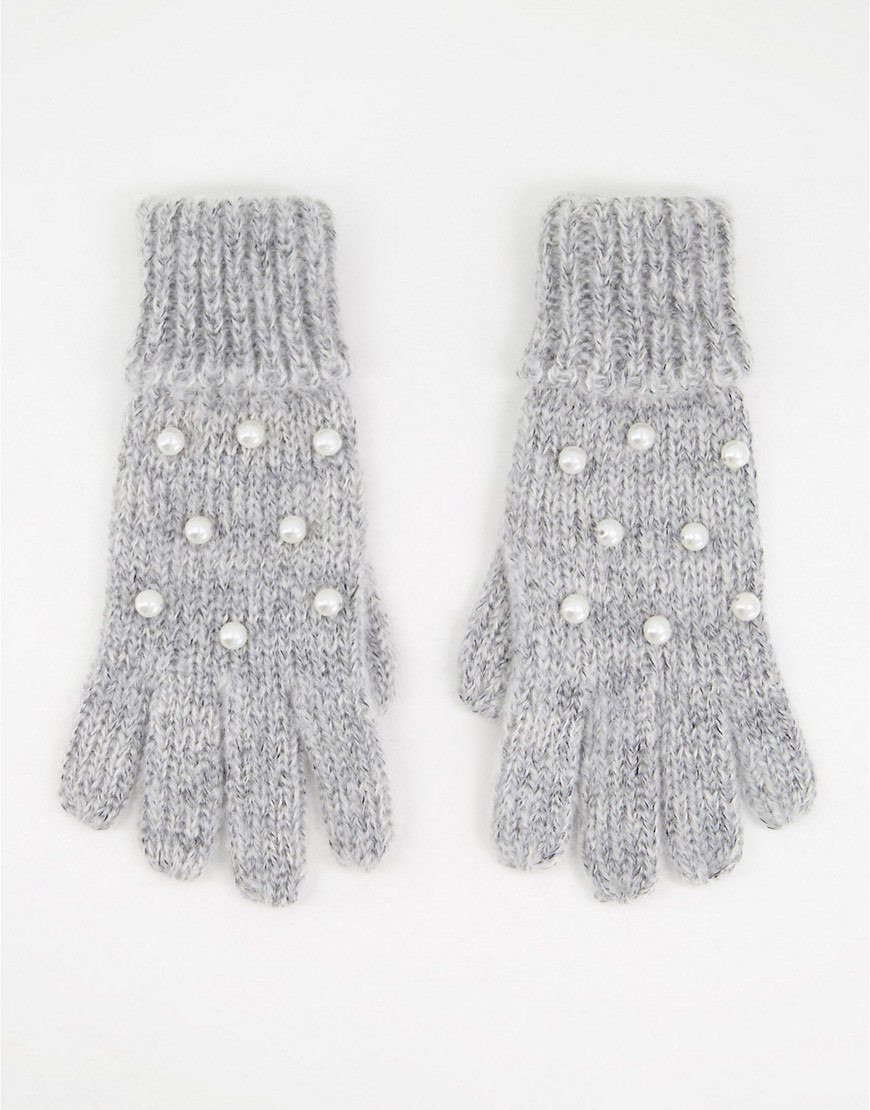 фото Вязаные перчатки серебристого цвета с отделкой искусственным жемчугом boardmans-серебряный