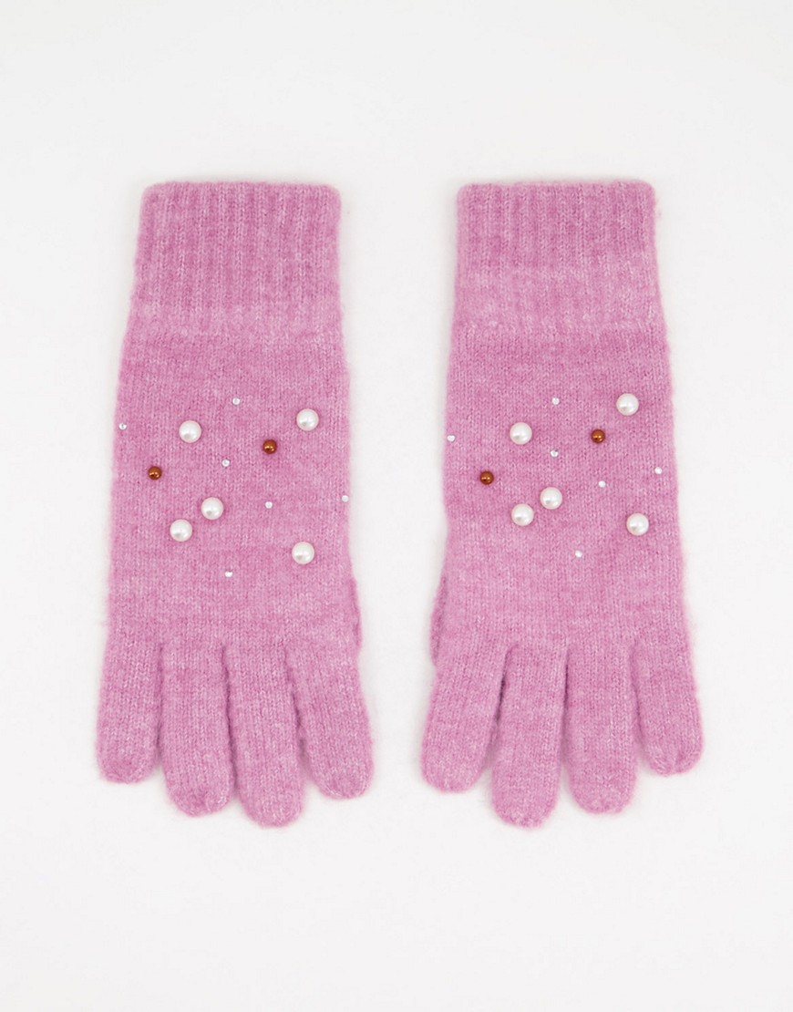фото Вязаные перчатки сиреневого цвета с отделкой стразами и искусственным жемчугом boardmans-фиолетовый цвет