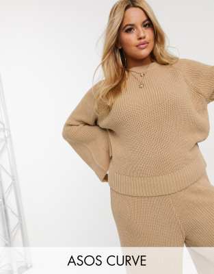 фото Вязаный джемпер для дома с разрезами asos design curve-светло-коричневый asos curve