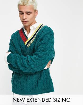 фото Вязаный косами джемпер в стиле oversized с вышивкой на горловине asos design-зеленый цвет