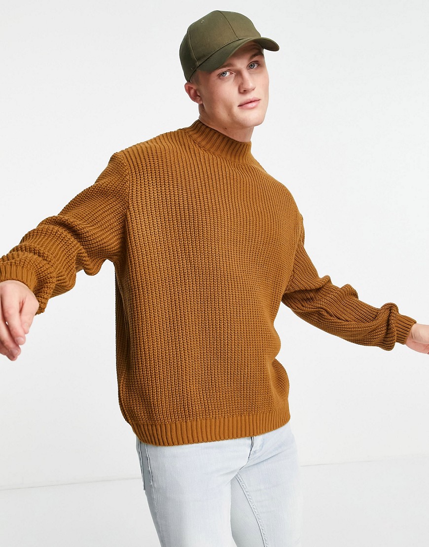 фото Вязаный в рубчик свитер в стиле oversized с высоким воротником в горчичном цвете asos design-желтый