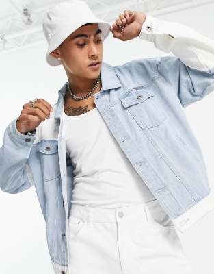 Джинсовые куртки  Asos Выбеленная джинсовая oversized-куртка в стиле пэчворк голубого и белого цветов Liquor N Poker-Голубой