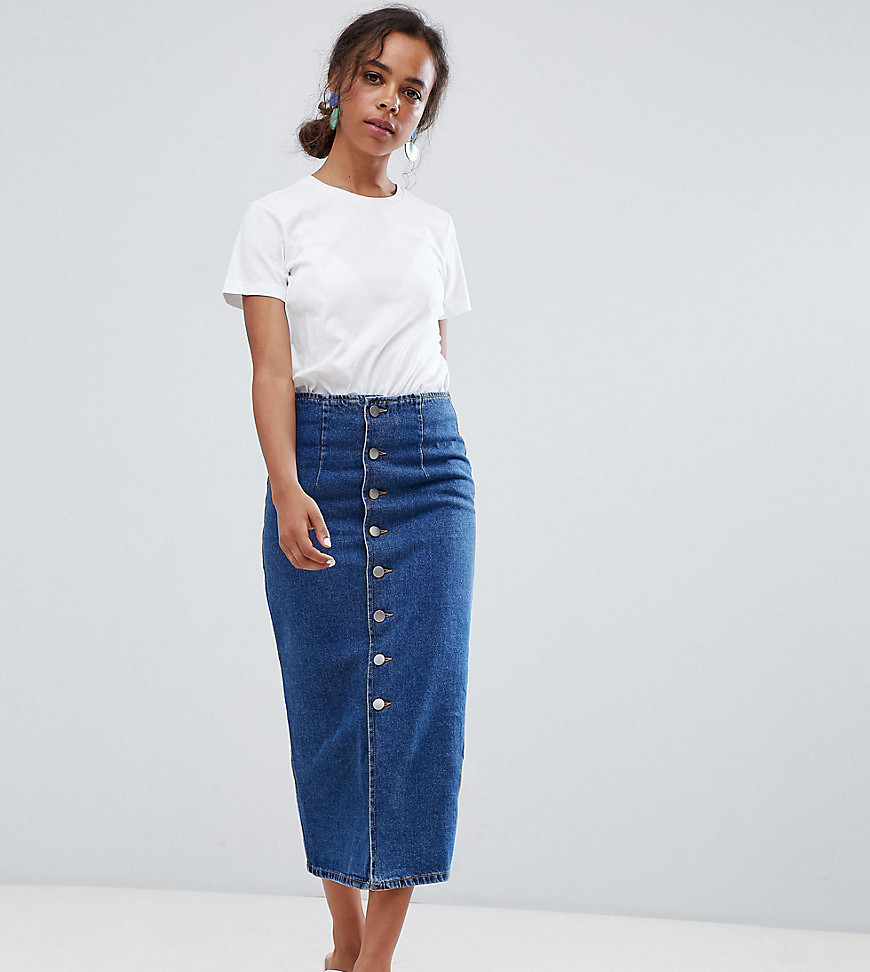 фото Выбеленная джинсовая юбка миди на пуговицах asos design petite-синий asos petite