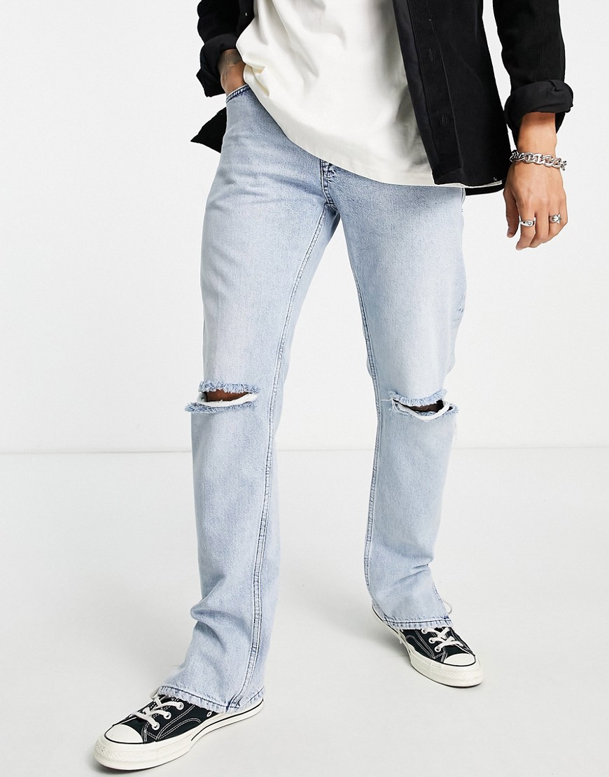 фото Выбеленные джинсы прямого кроя со рваной отделкой и разрезами снизу topman-голубой
