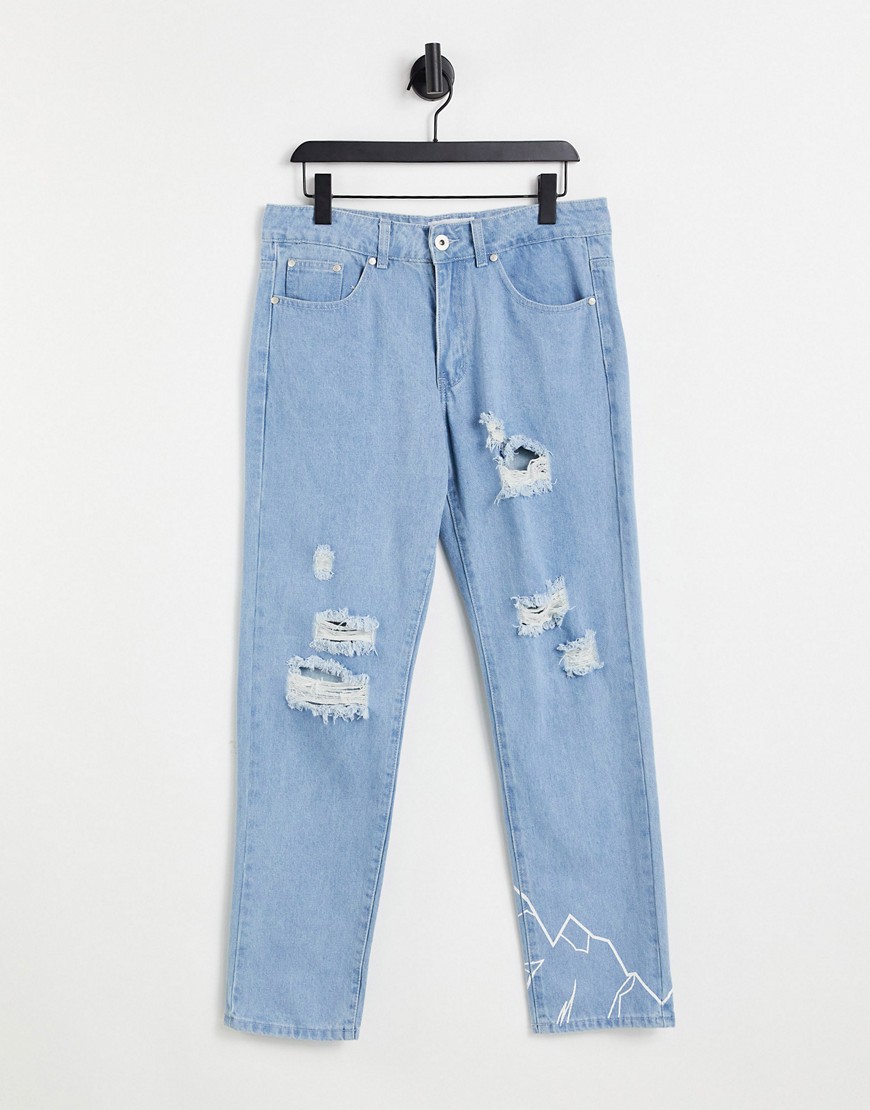 Выбеленные прямые джинсы со рваной отделкой и принтом гор от комплекта -Голубой Liquor N Poker 106380161