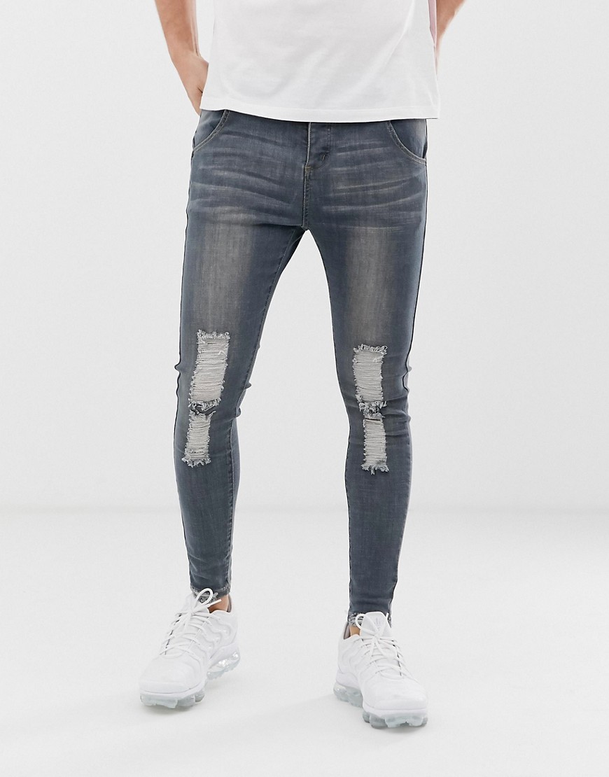 фото Выбеленные синие джинсы скинни с рваными коленями siksilk-синий