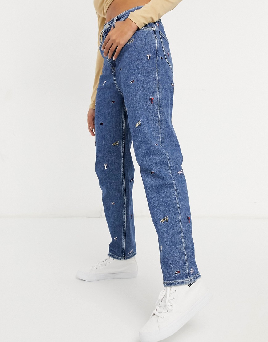 Выбеленные светло-голубые джинсы с вышивкой в винтажном стиле Tommy Jeans-Голубой