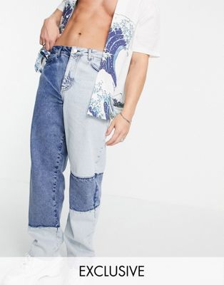 фото Выбеленные свободные джинсы в стиле 90-х с отделкой пэчворк reclaimed vintage inspired-голубой