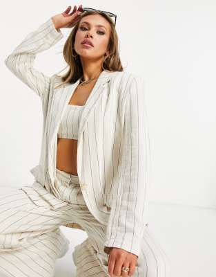 Выбеленный льняной однобортный пиджак в полоску от комплекта ASOS DESIGN-Многоцветный