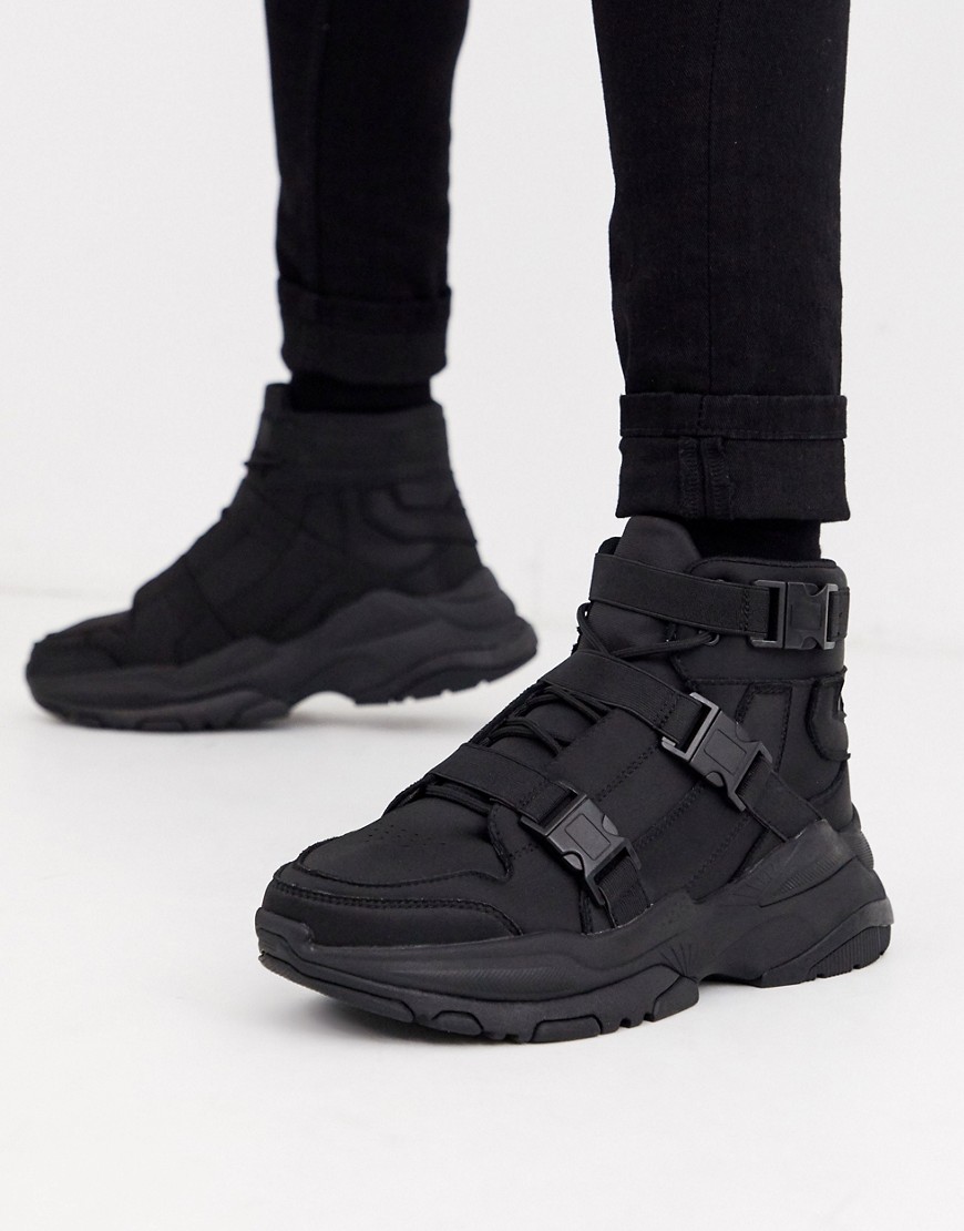 фото Высокие черные кроссовки с ремешками на массивной подошве asos design-черный