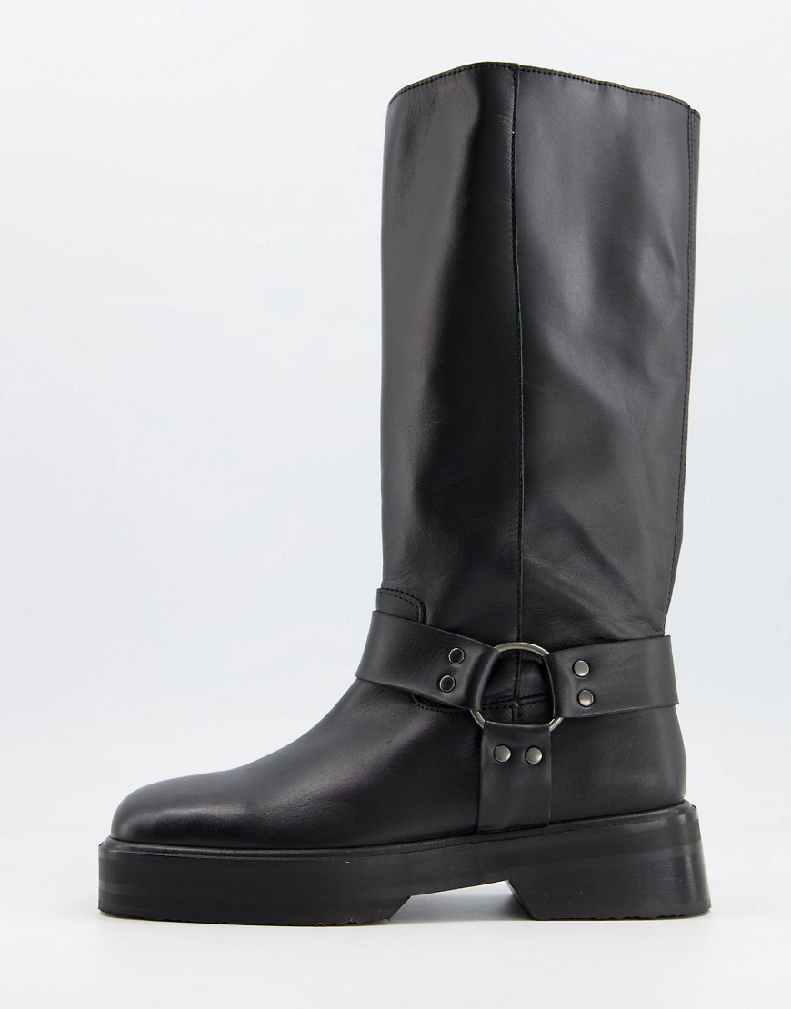 фото Высокие кожаные сапоги премиум-класса черного цвета с ремешками asos design chilli-черный цвет