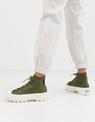 фото Высокие походные ботинки из кожи цвета хаки на массивной подошве converse goretex chuck taylor-зеленый