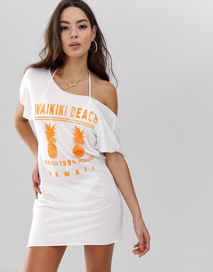 Waikiki Beach offshoulder strandskjorte i jersey fra ASOS DESIGN-Hvid