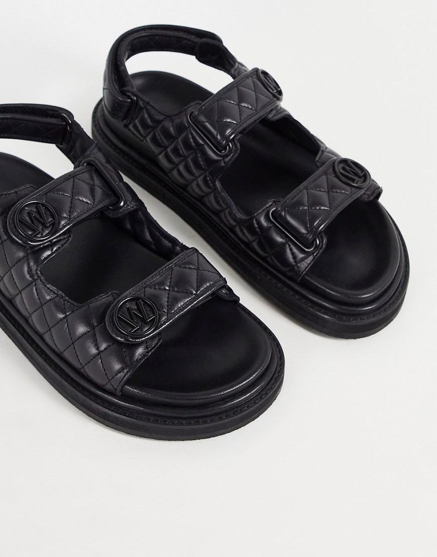 Walk London Alexis Quilted Double Strap Sandals In Black Leather