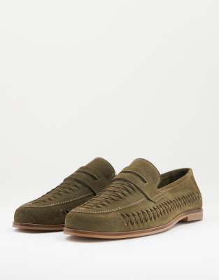 Walk London Arrow penny woven loafers in khaki suede