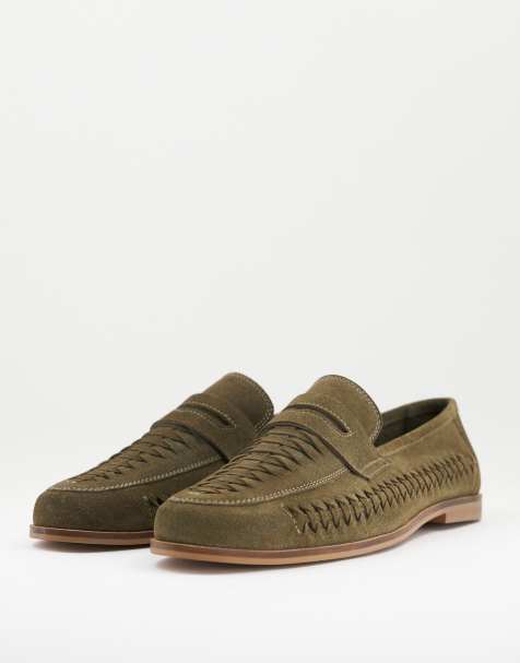 Walk London Arrow penny woven loafers in khaki suede - view 1