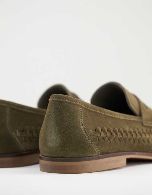 Walk London Arrow penny woven loafers in khaki suede, 2 of 4