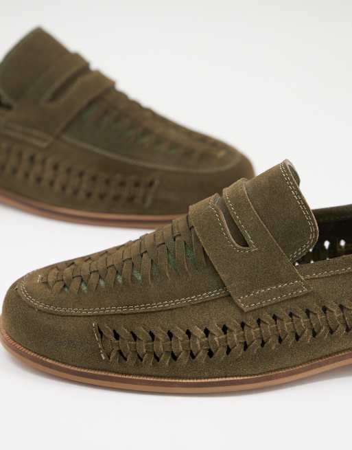 Walk London Arrow penny woven loafers in khaki suede ASOS