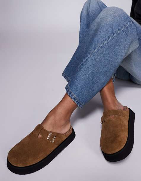 Walk London Barca buckle clogs in tan suede - view 1