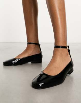 Walk London Bella Ankle Strap Ballerina Flat In Black Leather