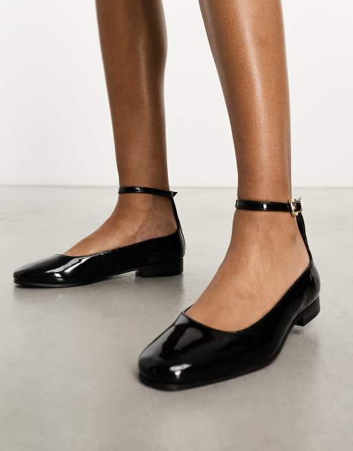 Walk London Bella ankle strap ballerina flat in black leather ASOS