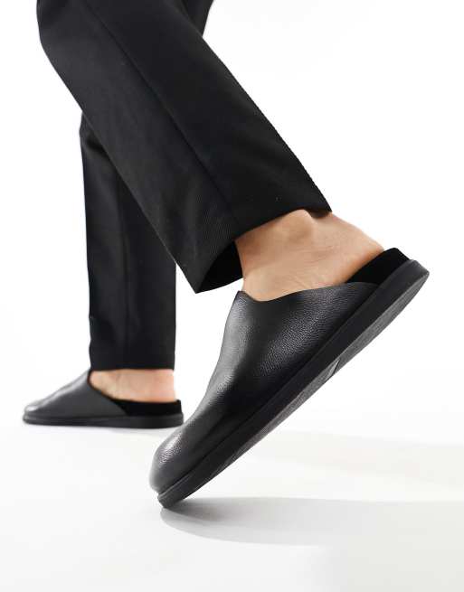 Walk London Breeze Slip On Mules In Black Grain Leather