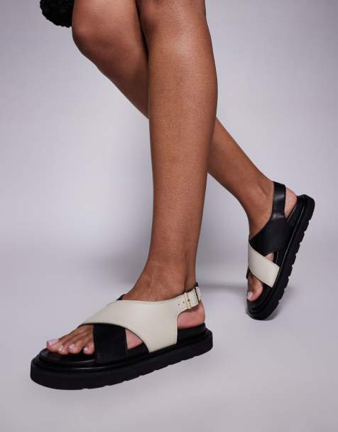 Walk London Budapest contrast strap leather sandal in black & ecru - view 1