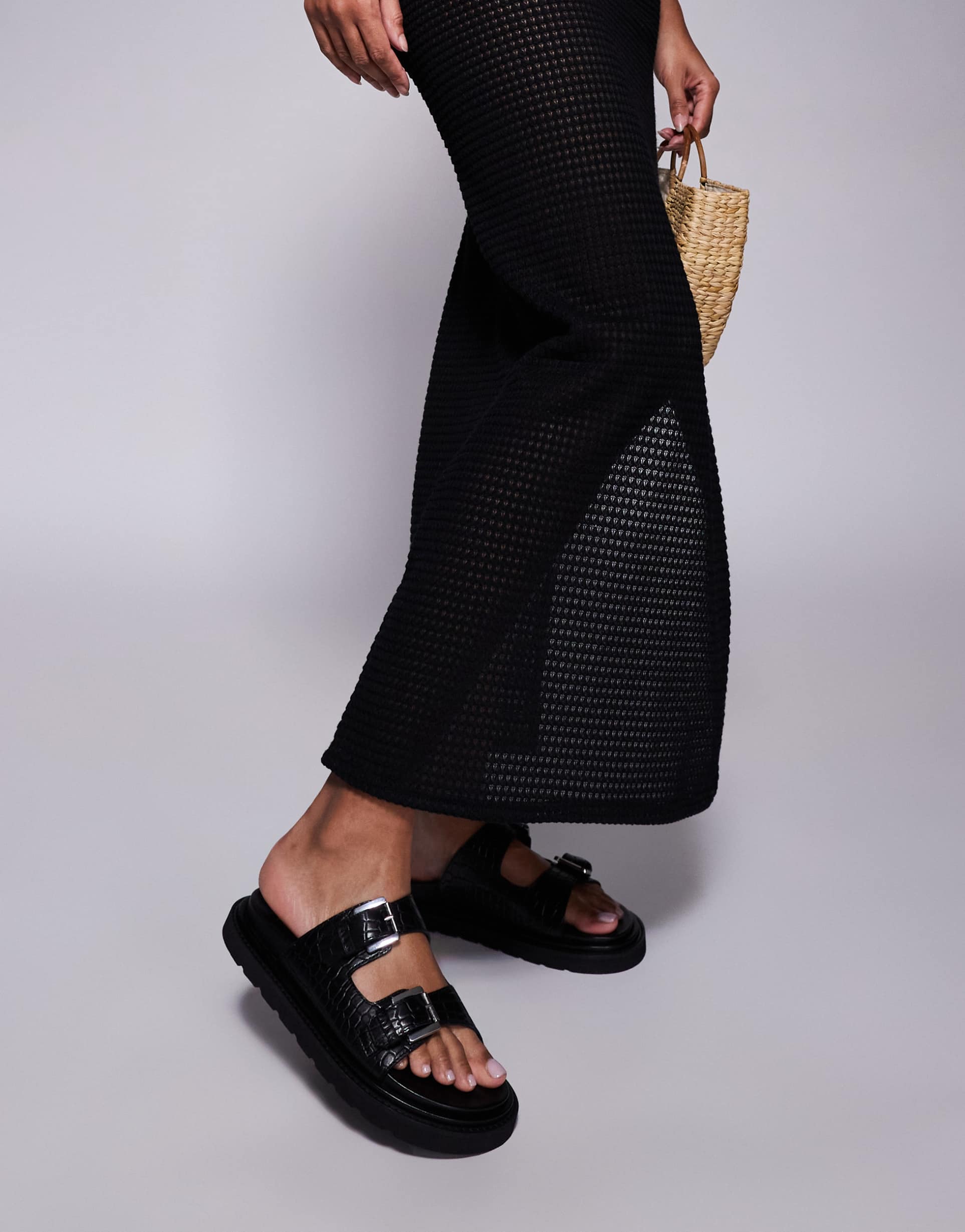 walk london budapest double strap sandals in black embossed leather
