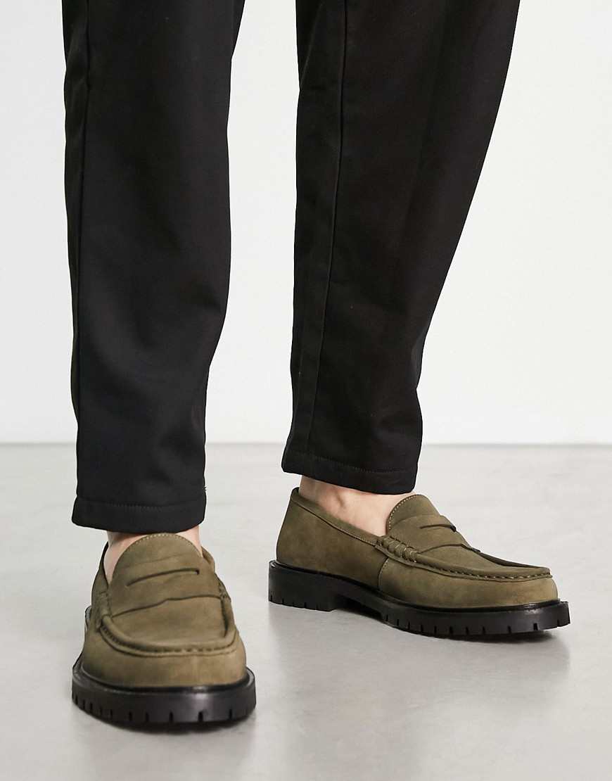 Walk London Campus Chunky Loafers In Khaki Suede-green