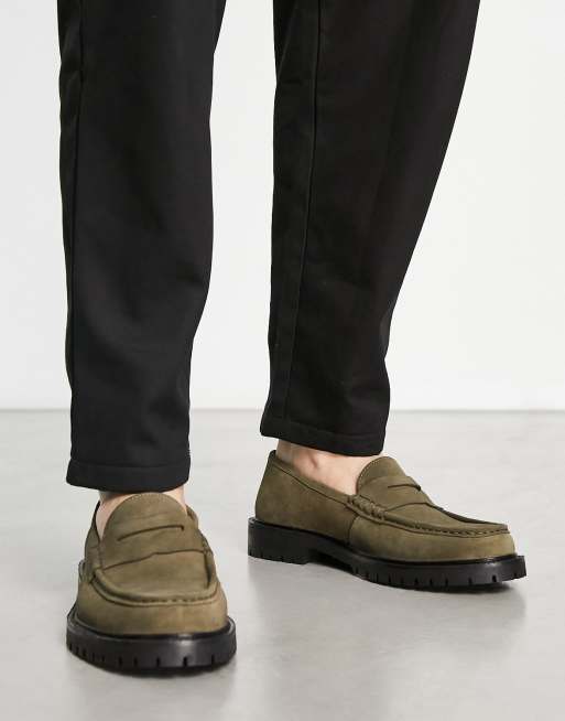 Walk London - Campus - Mocassini in camoscio kaki con suola spessa