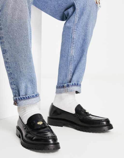 Walk London – Campus – Svarta, högglansiga penny-loafers i läder 
