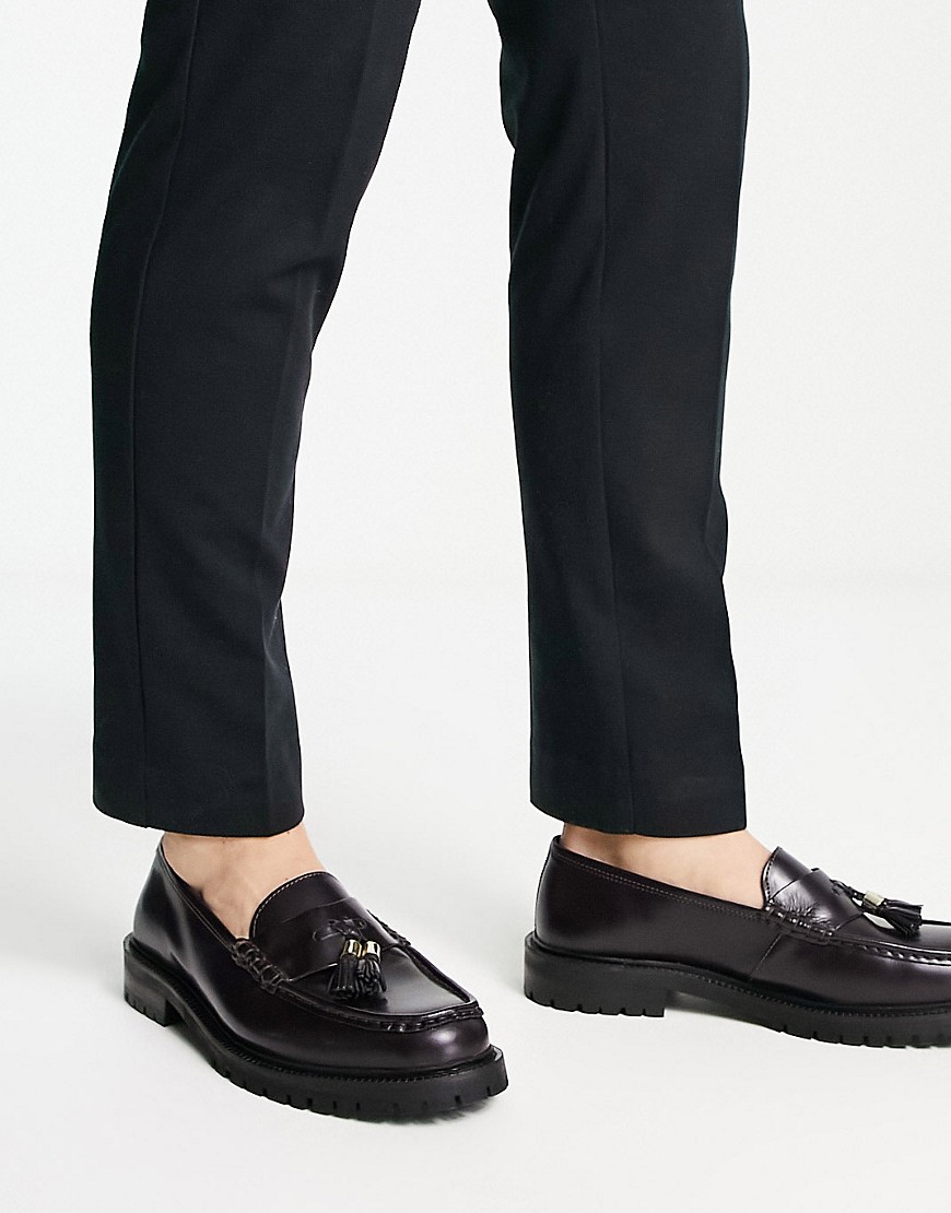 Walk London Campus Tassel Loafers In Black Leather In Red