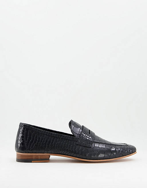 Walk London - Capri - Leren Penny loafers met krokodillenreliëf in zwart