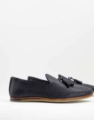 Walk London Chris Woven Tassel Loafers In Black Leather