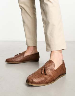 Walk London Chris Woven Tassel Loafers In Brown Leather